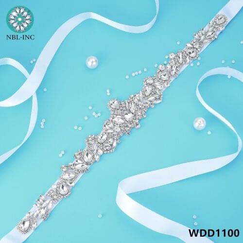 1PC)Bridal belt wedding with silver crystals rhinestone applique sash belt for wedding dress WDD1100