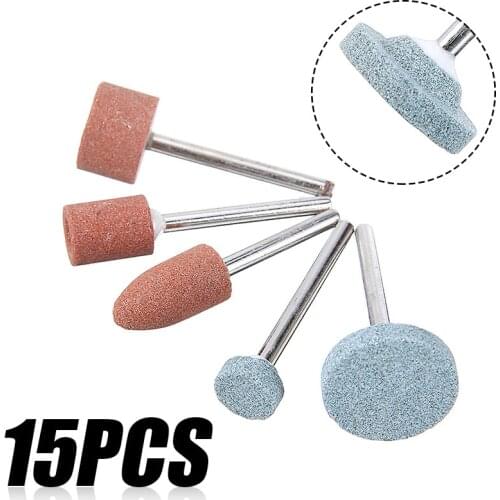 15pcs Mini Rotary Tool Grinding Stone Wheel 1/8'' Shank Corundum Abrasive Die Grinder Drill Bit Tool For Ceramic Stone Polishing