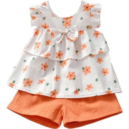 2Pcs/Set Stylish Baby Shirt Set Flower Print Breathable Sleeveless Girls Tops Shorts Kit for Summer