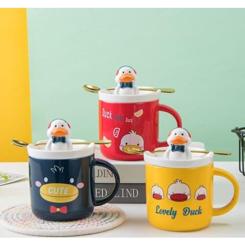 400ML Cute Cartoon Duck Coffee Mug Creative Mobile Phone Holder Ceramic Mugs with Lid Spoon Children Breakfast Milk Cups