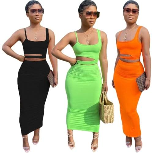 66BN060 Summer Women Casual Fashion Solid Hollow Out Navel Sling Two Piece Set Skirt Suit Hot