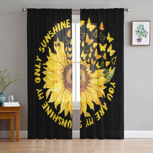 Sunflower Butterfly Black Sheer Curtains for Living Room Bedroom Kitchen Tulle for Windows Voile Drapes Home Decoration