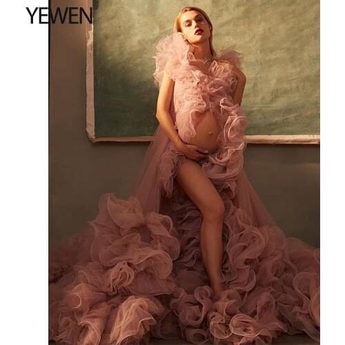 Elegant Off Shoulder Maternity Dress Long Front Open Ruffles Maternity Photo Shoot Prop Dress for Pregnancy Outfit 2021 YEWEN