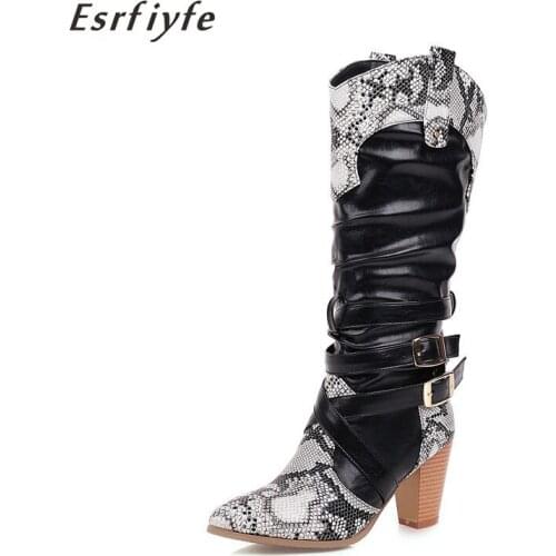 ESRFIYFE 2020 New Snakeskin Leather Women Western Boots Cowboy Boots Women Cross Buckles Square High Heels Middle Tube Booties