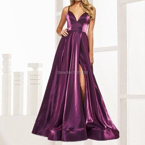 Hot 244 Purple V-neck Spaghetti Straps Natural A-Line Floor-Length Taffeta Long Evening Dresses/Women Gowns Slit Free Shipping