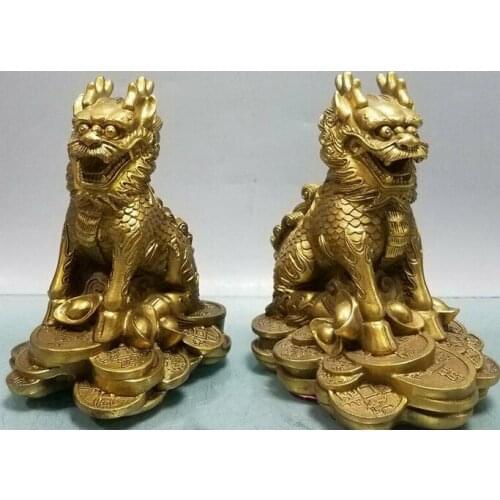 China Pure Bronze Fengshui Dragon Kylin Kirin CHi-lin Qilin Animal Pair