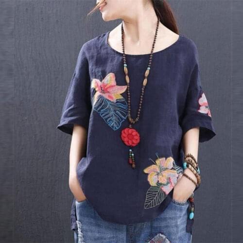 Summer Style Cotton Linen Tops Plus Size Floral Embroidery Vintage Loose Causel Short Sleeve T-shirt Lady O-neck Boho Tee Shirt
