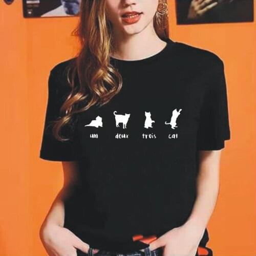 Summer Short Sleeve Hipster Tee Shirt Femme Casual Harajuku Funny Un Deux Trois Cat Print T Shirt Women Tops Camiseta Mujer