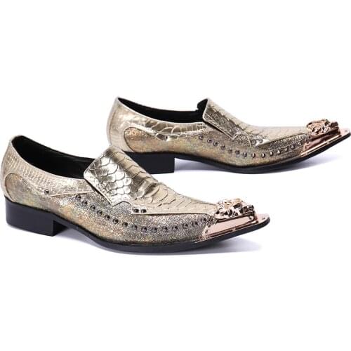 Crocodile Grain mens shoes zapatos hombre vestir Italian Style Luxury claquette Men Shoes Slip On Rivets Gold Formal Shoes Men
