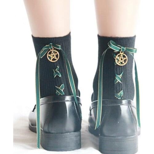 Lovely girl summer cotton stripe green bow tape Japanese Student style star lolita cosplay white/black socks