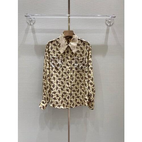 New ladies fashion 2021 long sleeve sexy casual embroidered petal collar silk printed shirt 1211