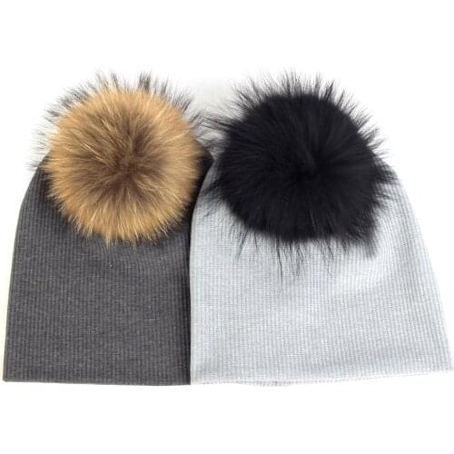 Charm Wood New Style Knitted Beanie Baggy Slouchy Skullies Cap Stripe Solid Color Hats Soft Warm Hat with Lovely Real Fur Pompom