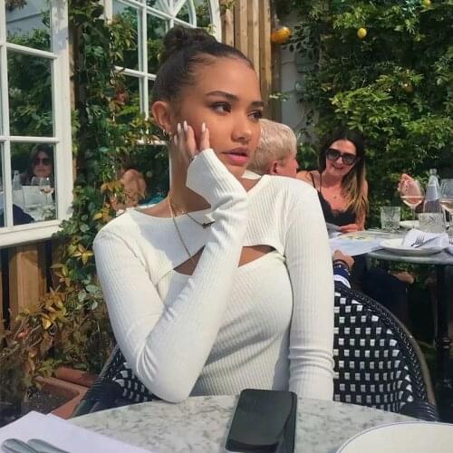 Foridol Front Cut Out Knitted Slim Autumn Pullovers Crop Tops Elastic Long Sleeve Short Knitwear White Black Sweater Tops 2021