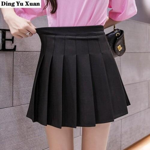 Fall Women Pleated Skirts Cute Sweet Girl School Uniform Mini Skirt Solid Gray Brown Black White Elastic High Waist Dance Skirt