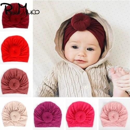 Powmuco 18*17 CM High Quality Cotton Indian Hats Solid Color Handmade Donut Baby Girls Caps Infant Round Ball Headwear Kids Gift