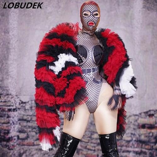 Sexy Tights Elastic Bodysuit Red Black Cloak Nightclub Women Singer Models Catwalk Costume Bar Party Performance Stage Outfits