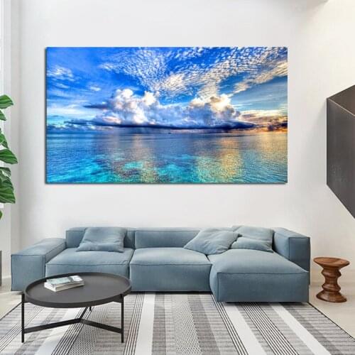 Nordic Sea Landscape Posters Blue Sky And White Clouds Prints On Canvas Painting For living room Home Decor Frameless