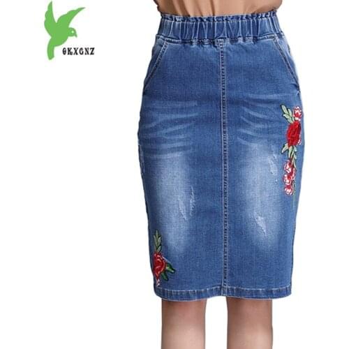 2020 Spring Women Denim Bag hip Skirt Fashion Embroidery High waist Skirt Plus size Elastic Waist Slim Cowboy Skirts OKXGNZ1659