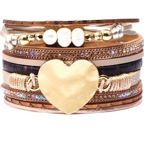 Jewelry Heart Charm Leather Bracelet for Women Multilayer Rhinestone Wrap Bracelet Bangles Femme Jewelry Unisex Party Jewelry