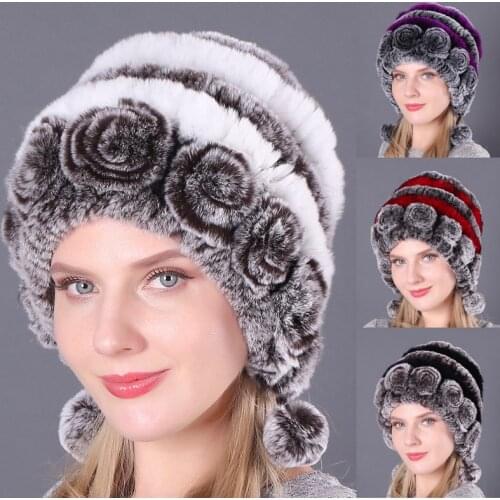 Women Fur Hat For Winter Natural Rex Rabbit Cap Russian Female Fur Headgear Outdoor ear Warm Flowers Earmuff Beanies Caps