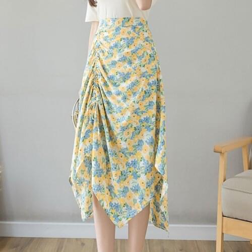 Drawstring Chiffon Floral Midi Skirt Elastic High Waist Women Summer Irregular A-Line Womens Skirts 2021 Faldas Largas Elegantes