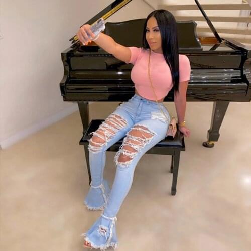 Women Flare Jeans sexy stretch Ripped Bell bottom denim jean Mom Pants Cargo Plus Size woman 3XL new fashion trousers wholesale