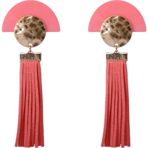 F.J4Z New Fashion Designer Vintage Quality Semi-circle Resin Anti-gold Alloy Leather Tassel Long Drop Earrings for women Bijoux