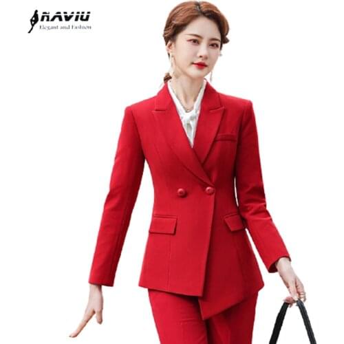 Red Suits Women 2021 Autumn New Temperament Formal Business Long Sleeve Slim Blazer And Pants Office Ladies Work Wear Black
