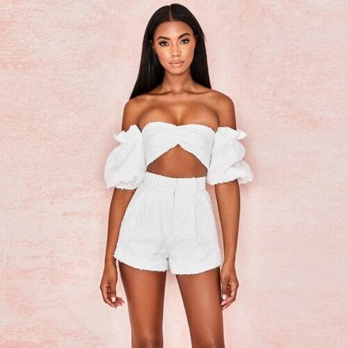 Two Piece Set Women Off Shoulder Puff Sleeve Short Crop Top High Waist Wide Shorts Tracksuit Sexy Conjunto Femenino 2 Piece Set