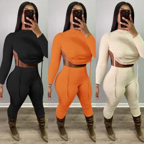 2021 Casaul Women Tracksuit Drawstring Bandage Solid Color Full Sleeve Backless Top And Long Pants Sportsuit Clothes For Women