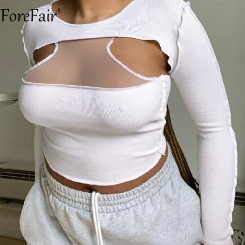 Forefair 2021 Long Sleeve Crop Top Black Fashion Patchwork O Neck White Spring Autumn Women Hollow Out Casual Sexy T Shirts