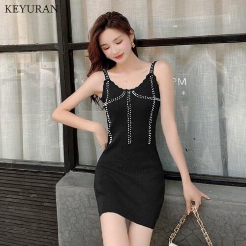 2021 Beading Summer Dress Women Pearl Mini Dress Vintage Slim Backless Wide Straps Female Sexy Strap Dresses Vestidos Mujer