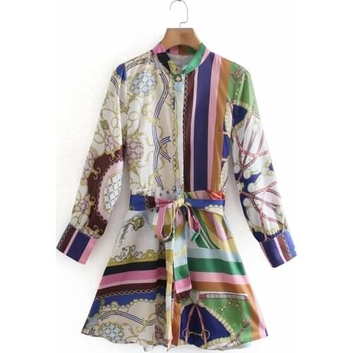 Womens Dress Vintage Za Fashion 2021 Regional Style Print Mini Dress Long Sleeve Lace Up Elegant Mujer Vestidos