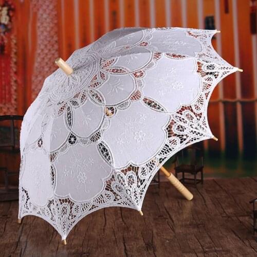 Womens Manual Opening Wedding Bridal Parasol Umbrella Hollow Out Embroidery Lace Solid White Color Romantic Photo Props 8