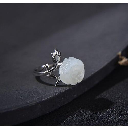 100%S925 sterling silver vintage inlay and Tianyu white jade rose flower opening ring adjustable free shipping