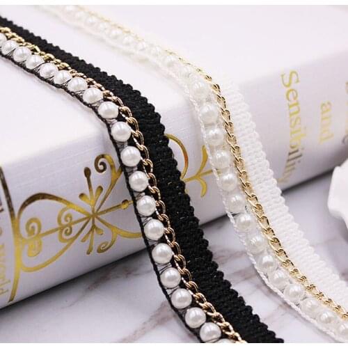 20mm Vintage Cotton Pearl Beaded Lace Gold Line Chain Lace Edge Trim Ribbon Applique Fabric Wedding Dress Sewing Craft
