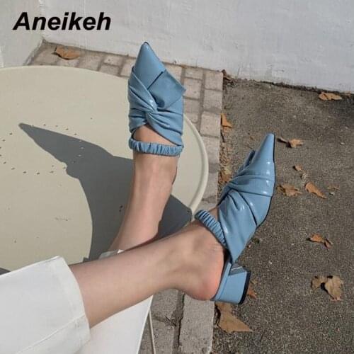 Aneikeh NEW Spring/Autumn PU Square Heels Pointed Toe Basic Pleated Slingbacks Solid Casual Elastic Band Butterfly-Knot Shallow