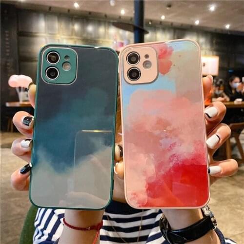 Watercolor Tempered Glass Phone Case For iPhone 11 12 Pro Xs Max 12 Mini X XR Silicone Bumper Shockproof Shell On SE 2 7 8 Plus