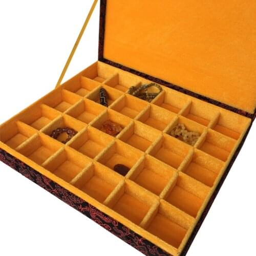 Decorative 30 Slots Grid Wooden Jewelry Box Storage Organizer Case Chinese Silk Brocade Box Collection Packaging Birthday Gift