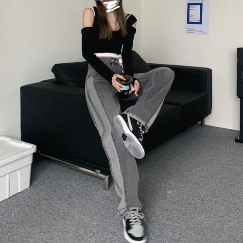 Jeans Women Gray Ins Trendy Aesthetic Mujer Baggy Side Stripe Wide Leg Distressed All-match Autumn Boyfriend Streetwear