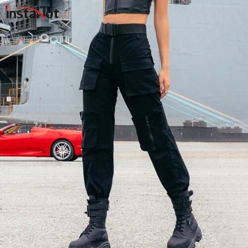 InstaHot Black Pocket Cargo Pants Women Streetwear Casual Joggers High Waist Loose Femal Trousers Korean Style Moto Biker Capris