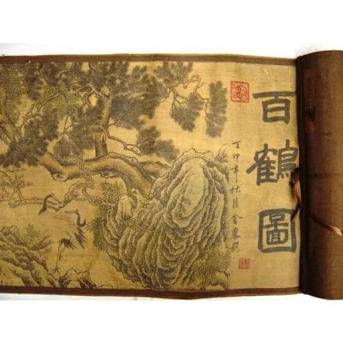 Chinese Qing Dyansty Scroll Painting one hundred Cranes, 395cm long