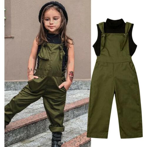 2-7Y Toddler Baby Girls Clothes Sets Sleeveless Turtleneck Black Vest Tops+Solid Overalls Pants Summer Outfits