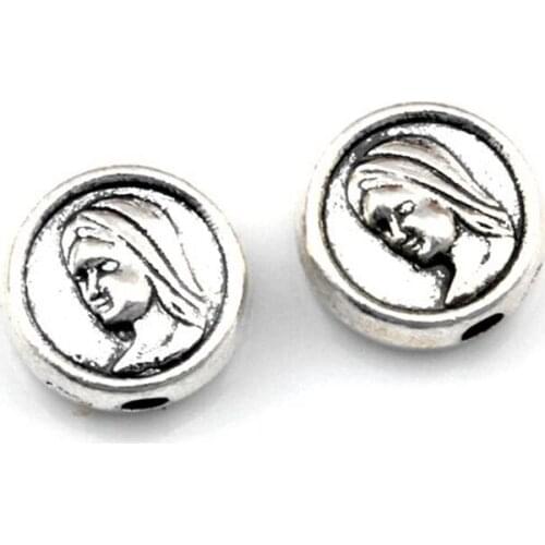 100pcs Zinc Alloy Metal Virgin Mary Madonna Round Flat Spacers Metal Beads 9.5X9.5mm DIY Jewelry D-58