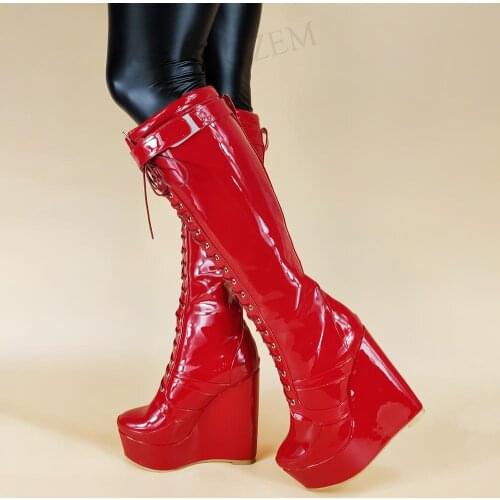 LAIGZEM Women Knee High Boots Platform Wedges Lace Up Heels Boots Wide Calf Friendly Ladies Shoes Woman Big Size 42 44 47 50 52