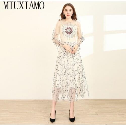 MIUXIMAO High Quailty 2020 Sping Dress Flower Embroidery Luxurious Full Sleeve Elegant Pink Long Dress Women vestidos
