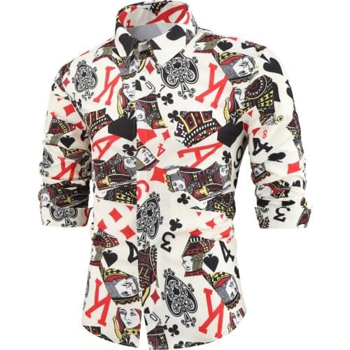 Mens New Arrival Casual Shirts Poker Card Print Slim Fit Long Sleeve Floral Shirts Men Dress Business Camisa Social Tops