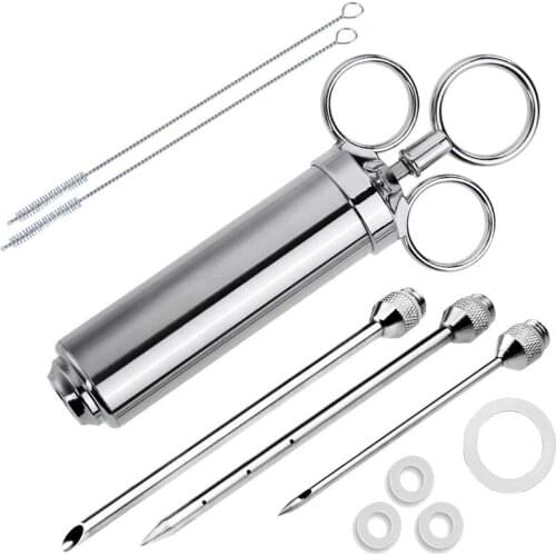 Meat Injector Syringe, 2-oz Marinade Flavor Injector 304 Stainless Steel with 3 Professional Needles,2 Cleaning Brushes and 4 Si