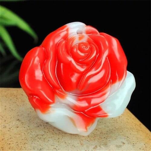 Natural Red White Jade Rose Flower Pendant Necklace Chinese Carved Fashion Charm Jewelry Accessories Amulet for Men Women Gifts