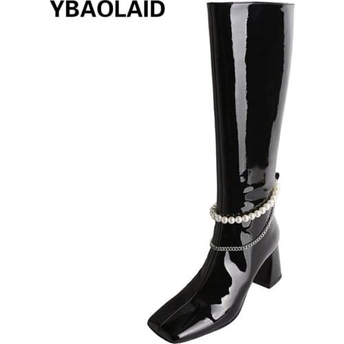 Autumn and Winter New Pearl Chain Patent Leather Boots Fashion Solid Color Square Toe But Knee-high Thick Heel Knight Boots
